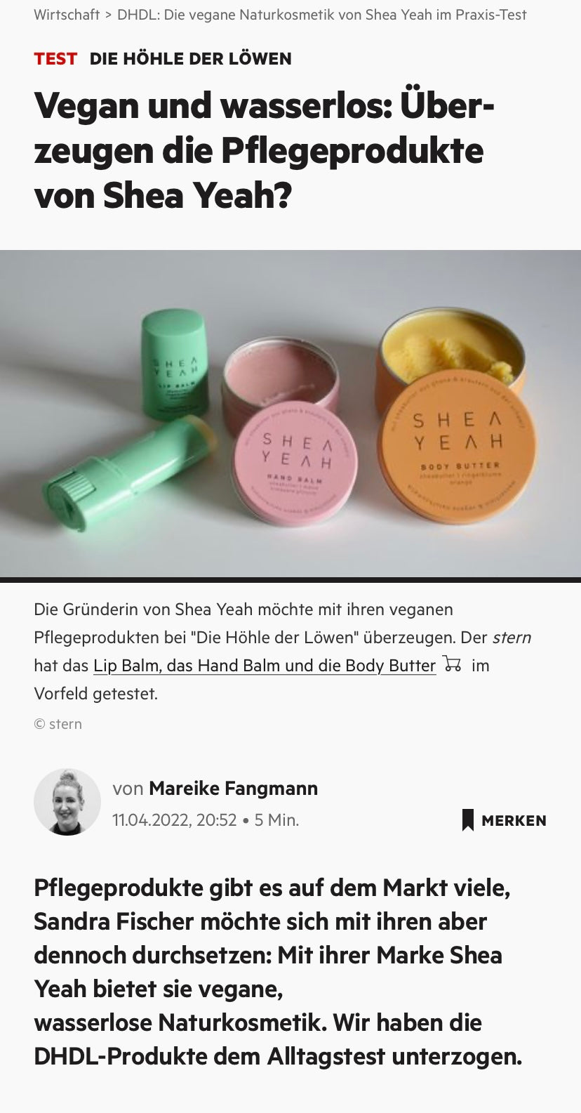 Stern.de berichtet über wasserfreie Kosmetik von SHEA YEAH