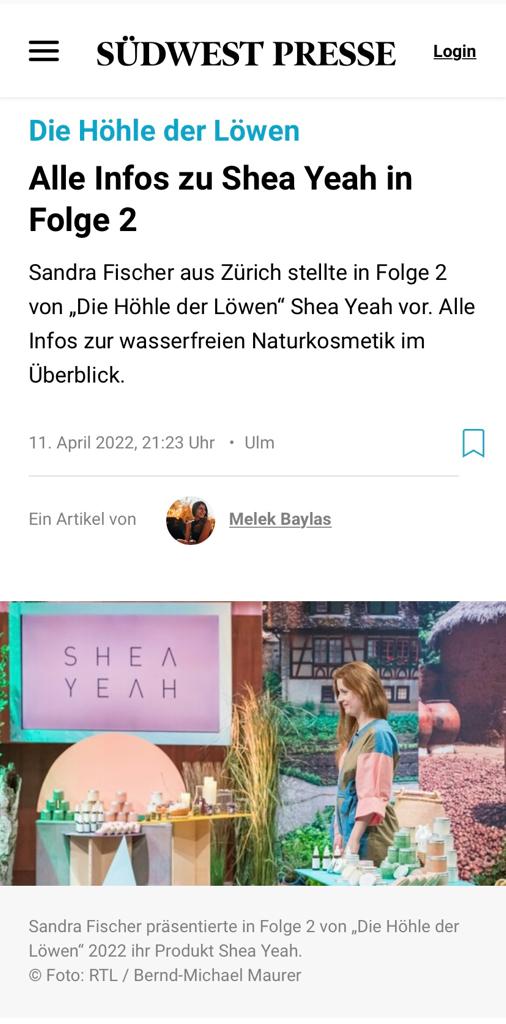 Südwest Presse berichtet über SHEA YEAH und Sandra Fischer, die bei Höhle der Löwen einen Deal gemacht hat