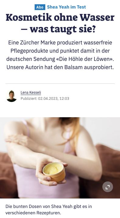 Artikel Tages Anzeiger über wasserfreie Kosmetik von SHEA YEAH