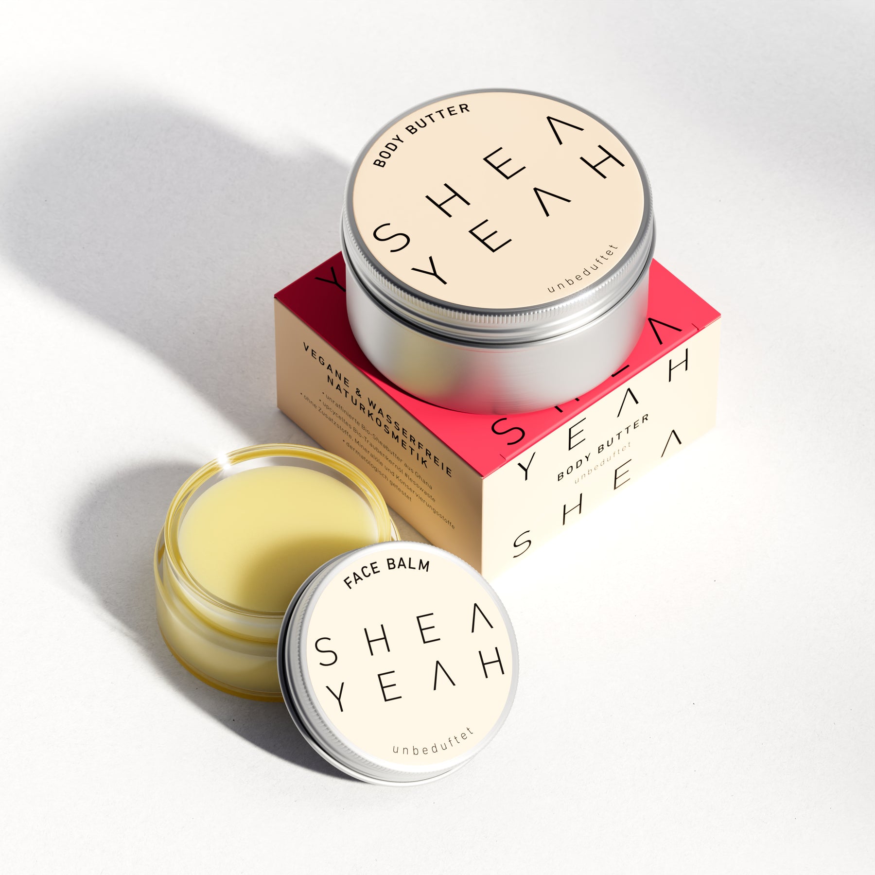 Shea Yeah Calm & Care Gift Set mit Body Butter und Face Balm unbeduftet, aus der Nähe, Naturkosmetik mit Sheabutter.
