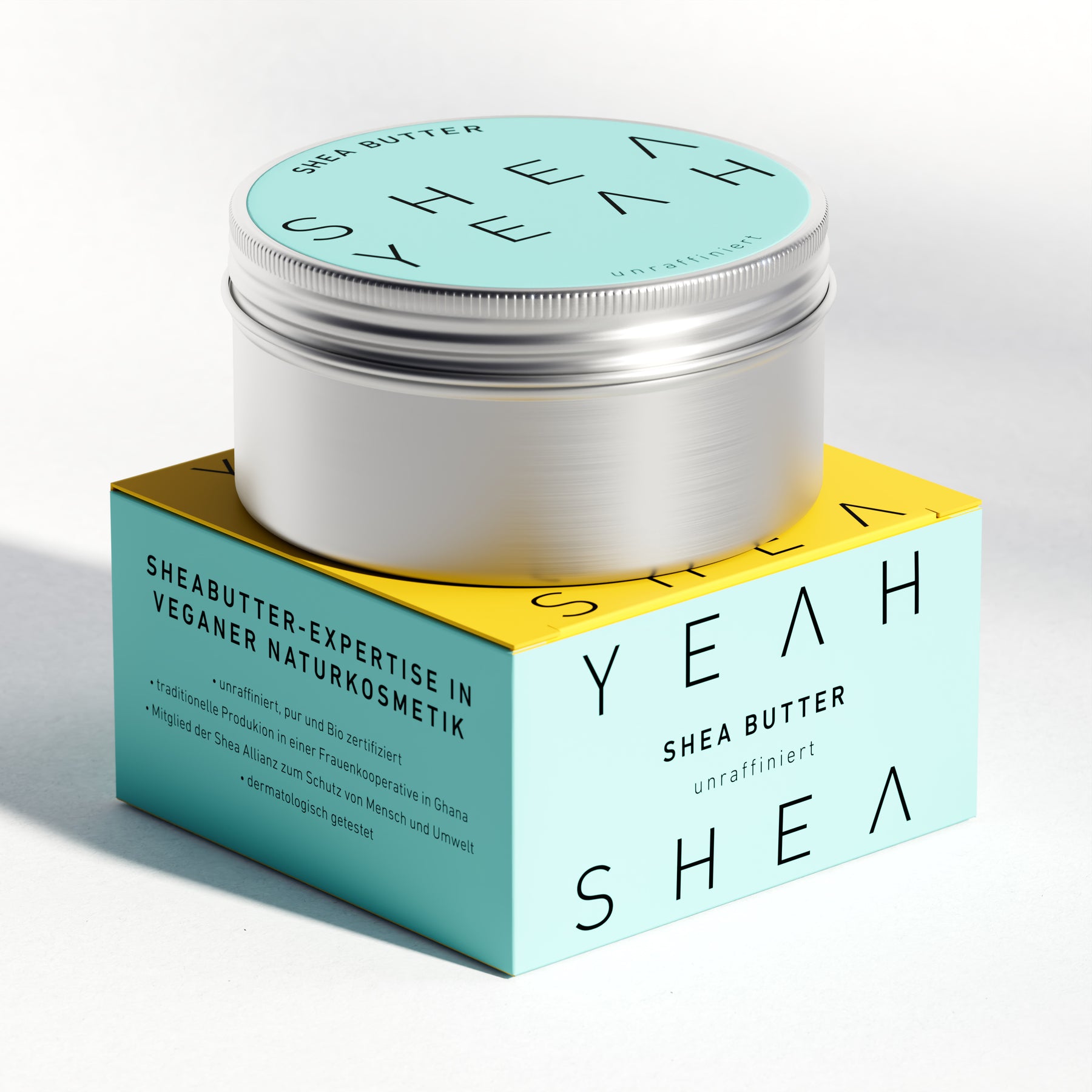 Shea Yeah Pure Sheabutter, unraffiniert aus Ghana, Dose auf der Schachtel, Naturkosmetik mit Sheabutter.