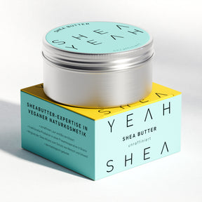 Shea Yeah Pure Sheabutter, unraffiniert aus Ghana, Dose auf der Schachtel, Naturkosmetik mit Sheabutter.