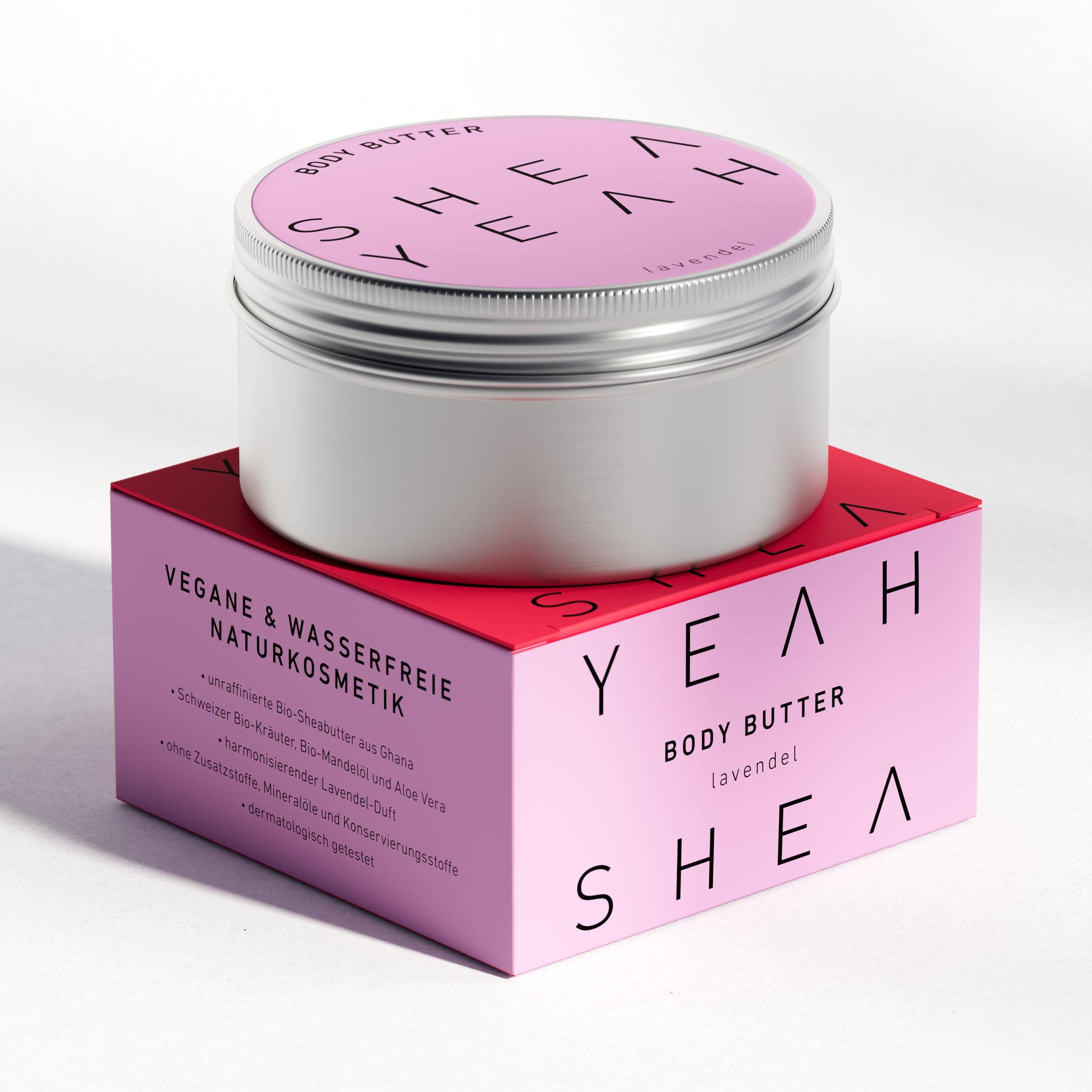 Shea Yeah Body Butter mit Lavendelduft, Dose auf der Schachtel, Naturkosmetik mit Sheabutter.