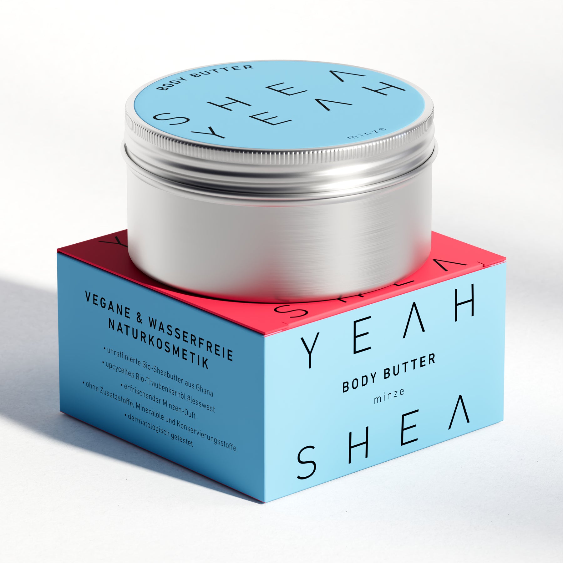 Shea Yeah Body Butter mit Minzduft, Dose auf der Schachtel, Naturkosmetik mit Sheabutter.