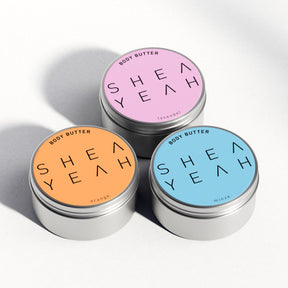 Shea Yeah Body Butter Trio mit Orange, Lavendel und Minze, aus der Nähe, Naturkosmetik mit Sheabutter.