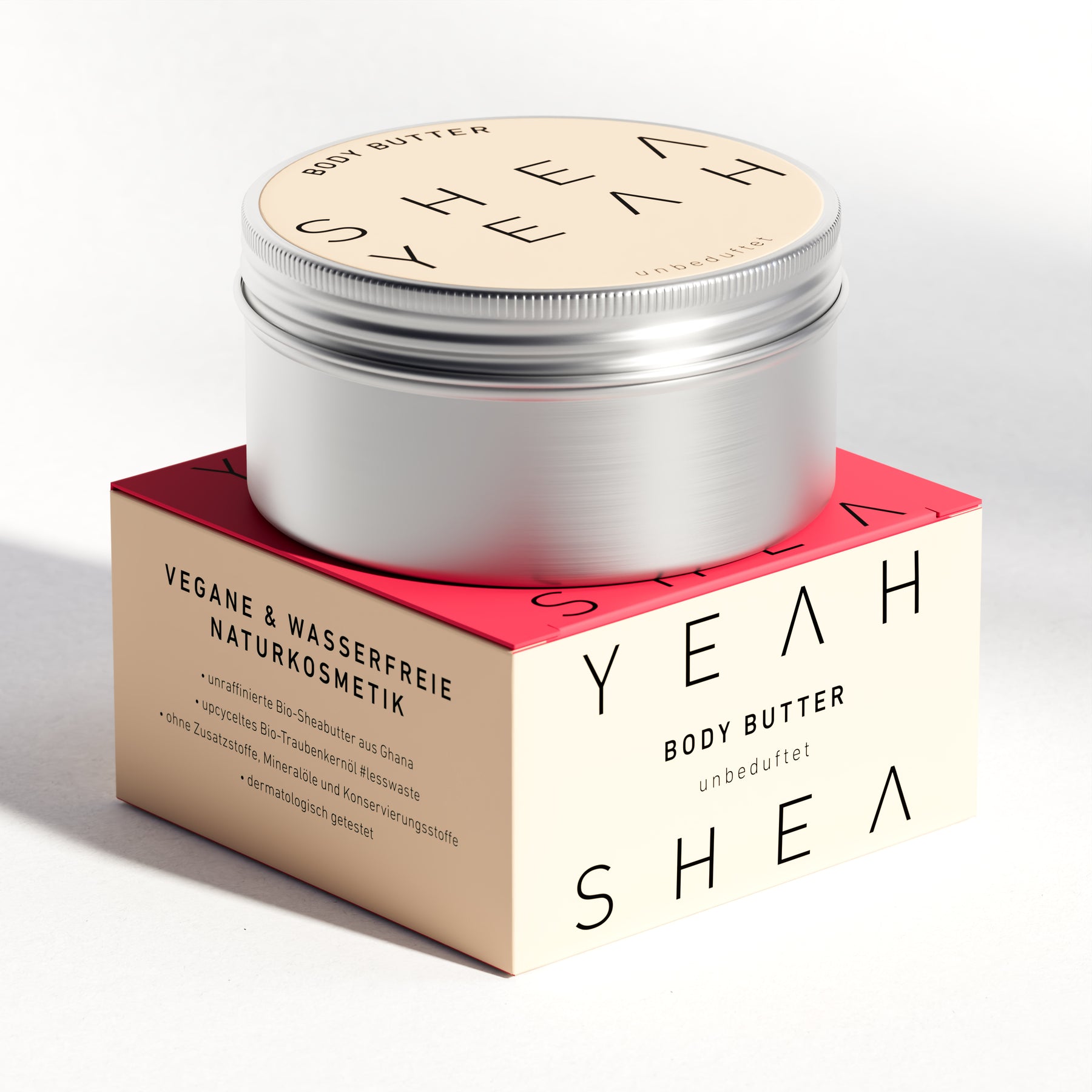 Shea Yeah Body Butter unbeduftet, Dose auf der Schachtel, Naturkosmetik mit Sheabutter.
