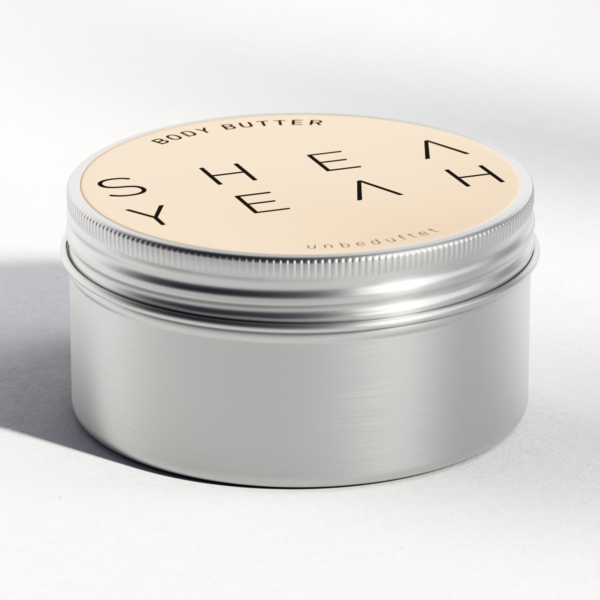 Shea Yeah Body Butter unbeduftet in der geschlossenen Dose, Naturkosmetik mit Sheabutter.
