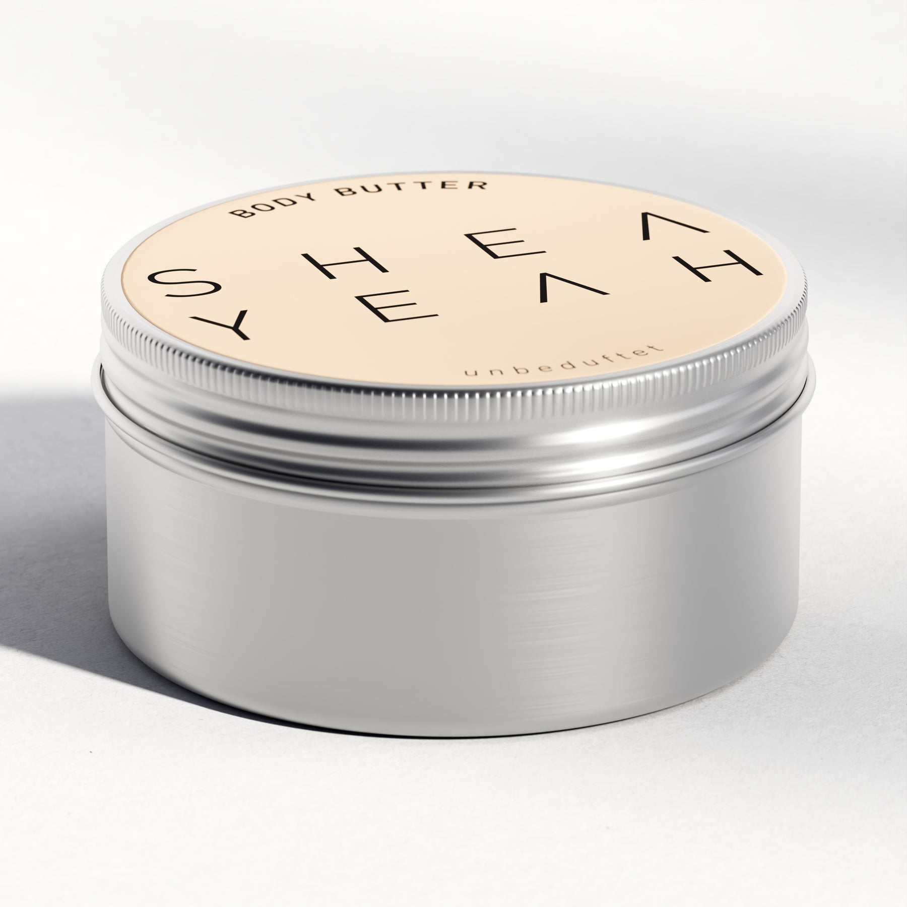 Shea Yeah Body Butter unbeduftet in der geschlossenen Dose, Naturkosmetik mit Sheabutter.