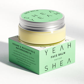 Shea Yeah Face Balm mit Melissenduft, Glas auf der Schachtel, Naturkosmetik mit Sheabutter.