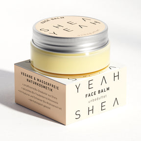 Shea Yeah Face Balm unbeduftet, Glas auf der Schachtel, Naturkosmetik mit Sheabutter.