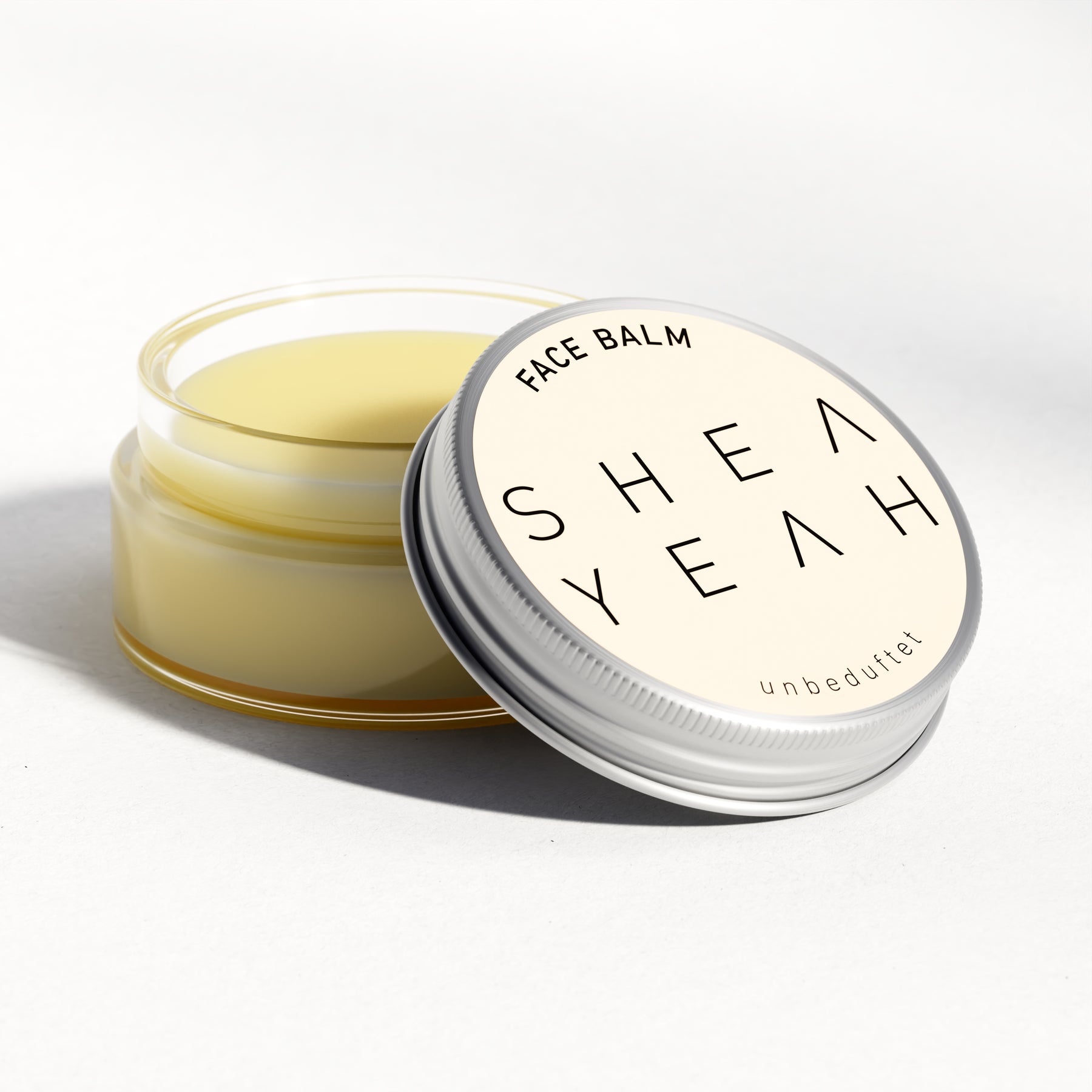 Shea Yeah Face Balm unbeduftet im offenen Glas, Naturkosmetik mit Sheabutter.