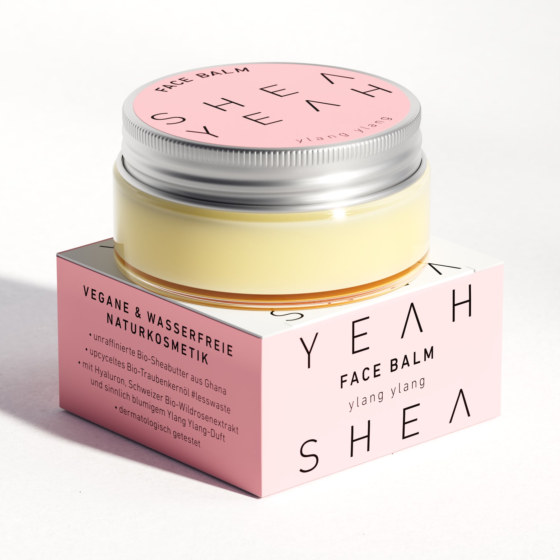 Shea Yeah Face Balm mit Ylang-Ylang-Duft, Glas auf der Schachtel, Naturkosmetik mit Sheabutter.