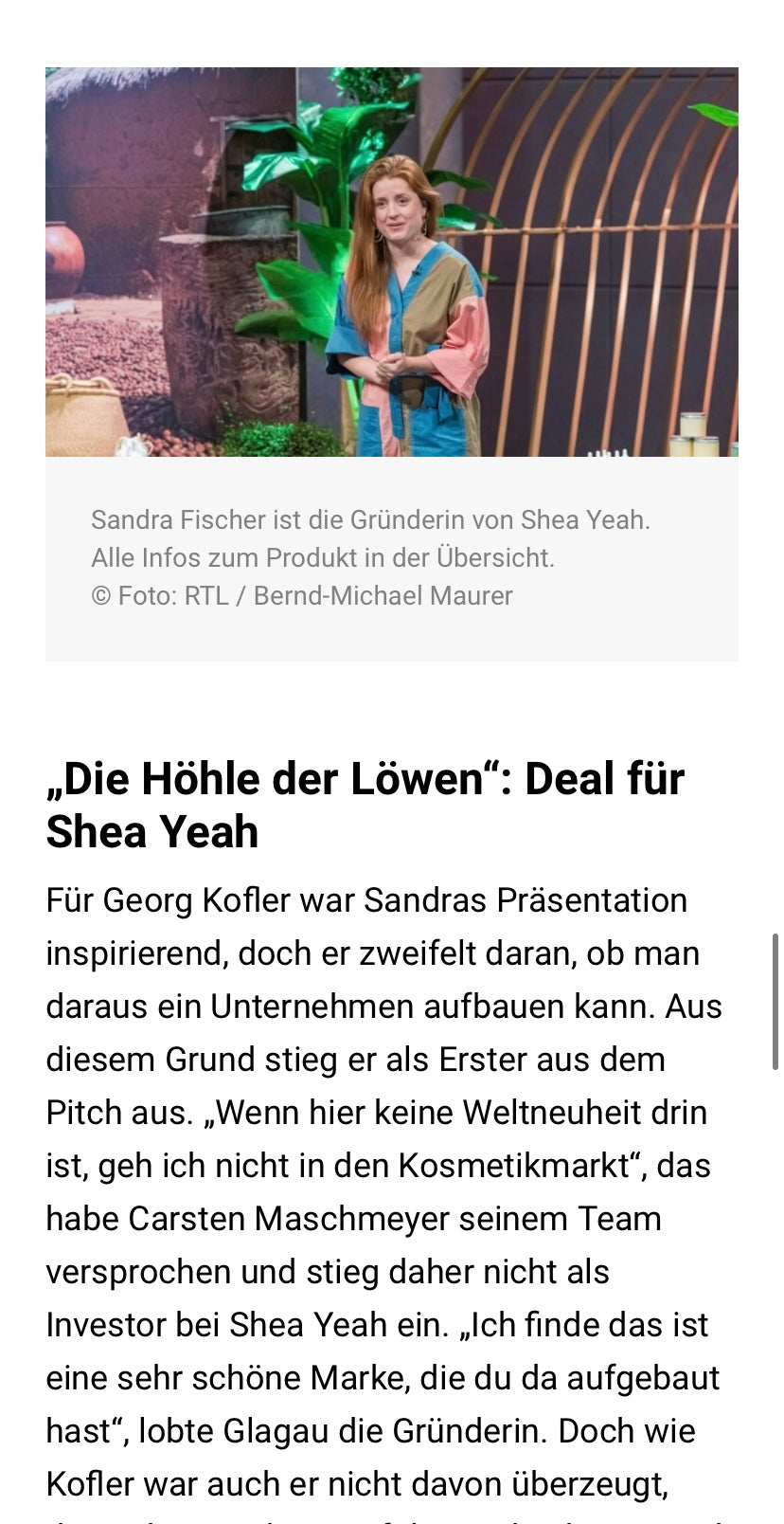 Südwest Presse berichtet über SHEA YEAH und Sandra Fischer, die bei Höhle der Löwen einen Deal gemacht hat